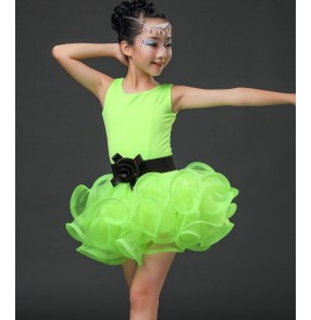 Neon green fuchsia hot pink black red girls kids children performance competition professional sleeveless latin salsa cha cha dance dresses outfits with rose sashes